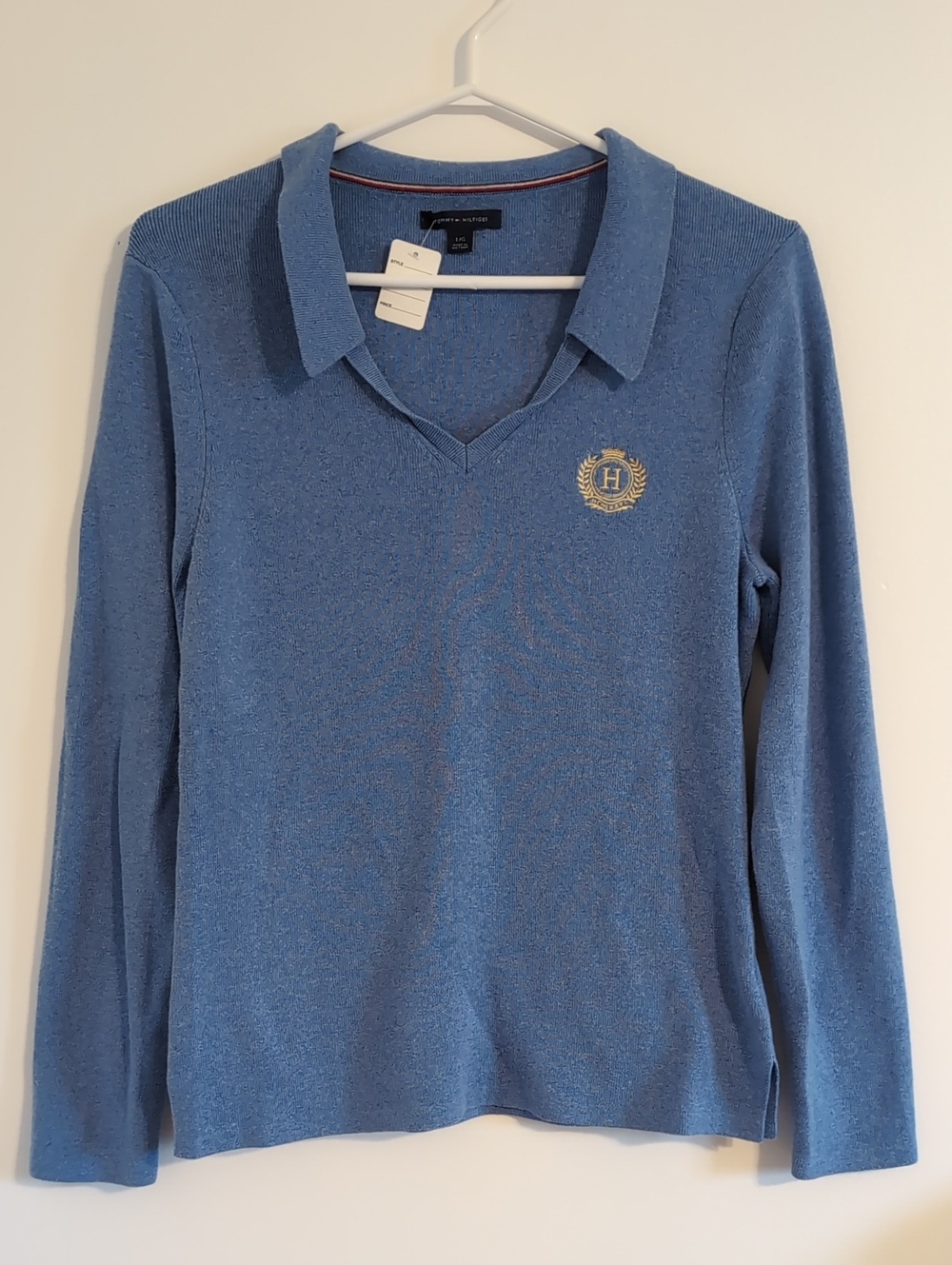 Tommy Hilfiger Blue V-Neck Collared Knit Sweater with Crest